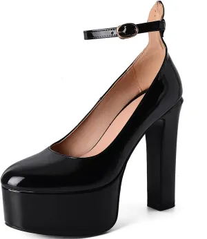 Womens Ankle Strap Thick Heel Platform Pumps Round Toe Block Heels Prom Pumps Buckles Flatform Dress Shoes