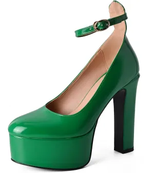 Womens Ankle Strap Thick Heel Platform Pumps Round Toe Block Heels Prom Pumps Buckles Flatform Dress Shoes