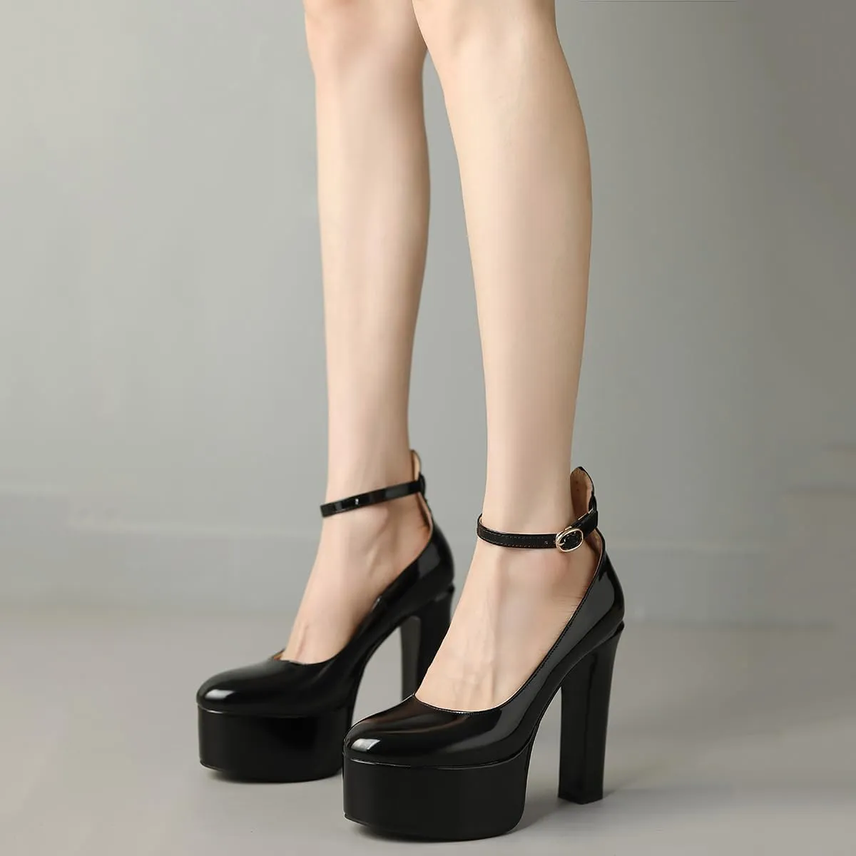 Womens Ankle Strap Thick Heel Platform Pumps Round Toe Block Heels Prom Pumps Buckles Flatform Dress Shoes