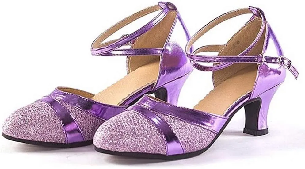 Women's Ballroom Tango Latin Salsa Dancing Shoes Sequins Shoes Social Dance Shoe Strap Women Low Heel Sandals (Purple, 7)