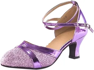 Women's Ballroom Tango Latin Salsa Dancing Shoes Sequins Shoes Social Dance Shoe Strap Women Low Heel Sandals (Purple, 7)