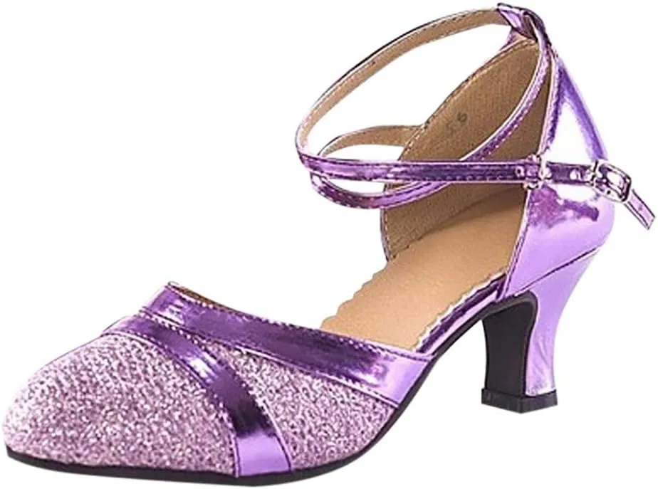 Women's Ballroom Tango Latin Salsa Dancing Shoes Sequins Shoes Social Dance Shoe Strap Women Low Heel Sandals (Purple, 7)