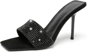 Women's Black Open Toe Stilettos Heels Mules Sandals Slip on Comfort Sexy High Heel Sandals Elegant Party Prom Rhinestone Pumps Shoes