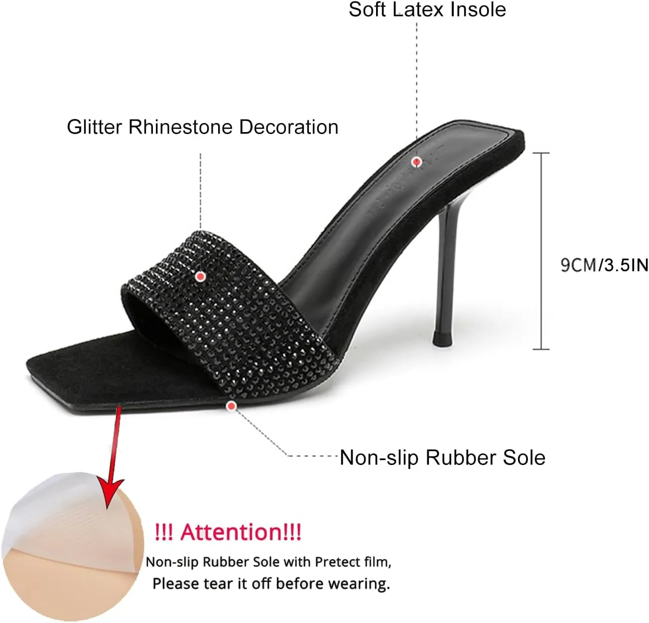 Women's Black Open Toe Stilettos Heels Mules Sandals Slip on Comfort Sexy High Heel Sandals Elegant Party Prom Rhinestone Pumps Shoes