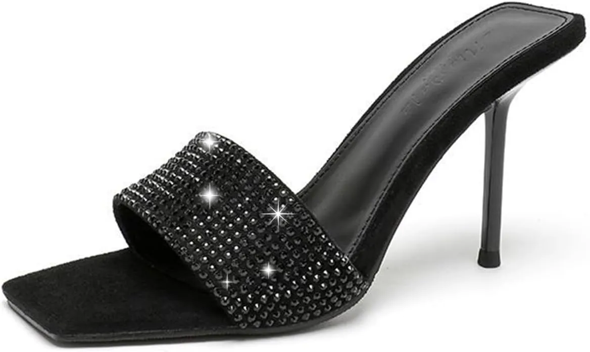 Women's Black Open Toe Stilettos Heels Mules Sandals Slip on Comfort Sexy High Heel Sandals Elegant Party Prom Rhinestone Pumps Shoes