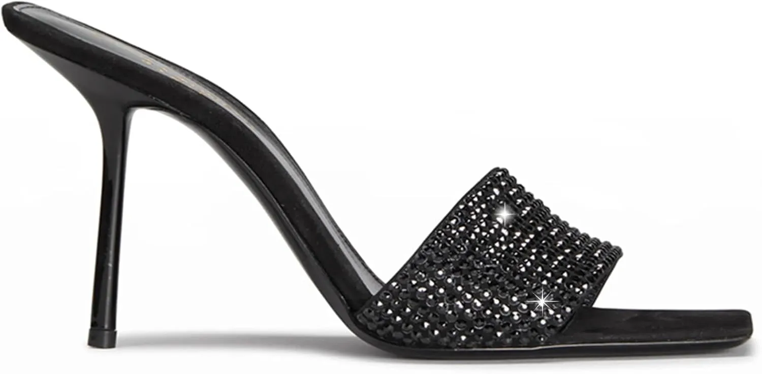 Women's Black Open Toe Stilettos Heels Mules Sandals Slip on Comfort Sexy High Heel Sandals Elegant Party Prom Rhinestone Pumps Shoes