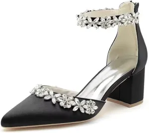 Women's Chunky Block Heel Wedding Shoes for Bride Satin Rhinestone Ankle Strap Mid Heel Pumps for Women