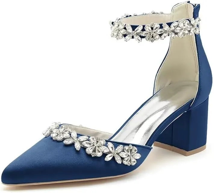Women's Chunky Block Heel Wedding Shoes for Bride Satin Rhinestone Ankle Strap Mid Heel Pumps for Women
