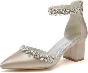 Women's Chunky Block Heel Wedding Shoes for Bride Satin Rhinestone Ankle Strap Mid Heel Pumps for Women