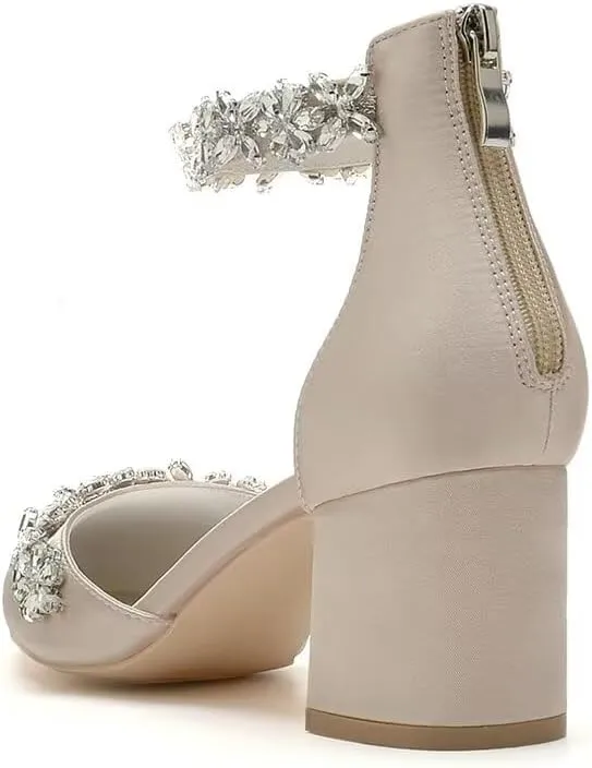 Women's Chunky Block Heel Wedding Shoes for Bride Satin Rhinestone Ankle Strap Mid Heel Pumps for Women