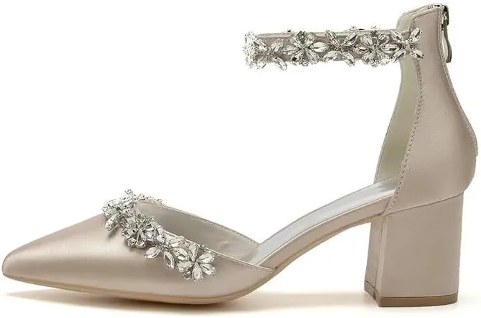 Women's Chunky Block Heel Wedding Shoes for Bride Satin Rhinestone Ankle Strap Mid Heel Pumps for Women