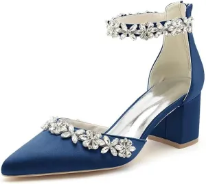 Women's Chunky Block Heel Wedding Shoes for Bride Satin Rhinestone Ankle Strap Mid Heel Pumps for Women