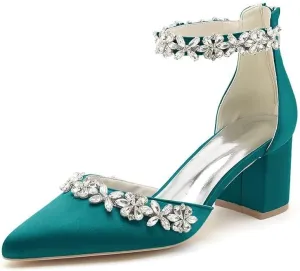 Women's Chunky Block Heel Wedding Shoes for Bride Satin Rhinestone Ankle Strap Mid Heel Pumps for Women
