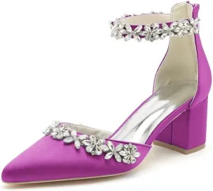 Women's Chunky Block Heel Wedding Shoes for Bride Satin Rhinestone Ankle Strap Mid Heel Pumps for Women