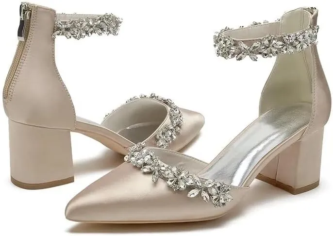 Women's Chunky Block Heel Wedding Shoes for Bride Satin Rhinestone Ankle Strap Mid Heel Pumps for Women