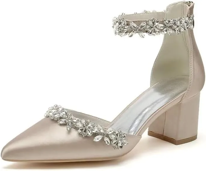 Women's Chunky Block Heel Wedding Shoes for Bride Satin Rhinestone Ankle Strap Mid Heel Pumps for Women