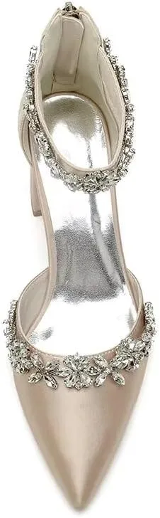 Women's Chunky Block Heel Wedding Shoes for Bride Satin Rhinestone Ankle Strap Mid Heel Pumps for Women