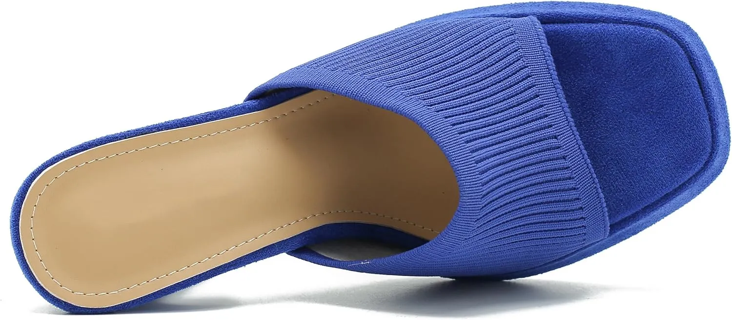 Women's Knit Platform Heels Square Toe High Chunky Heeled Mule Dress Party Sandals