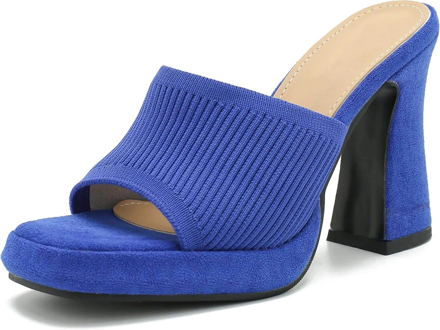 Women's Knit Platform Heels Square Toe High Chunky Heeled Mule Dress Party Sandals