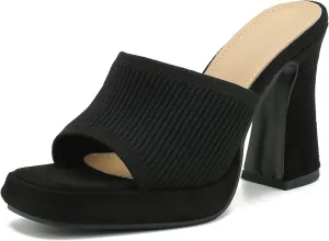 Women's Knit Platform Heels Square Toe High Chunky Heeled Mule Dress Party Sandals