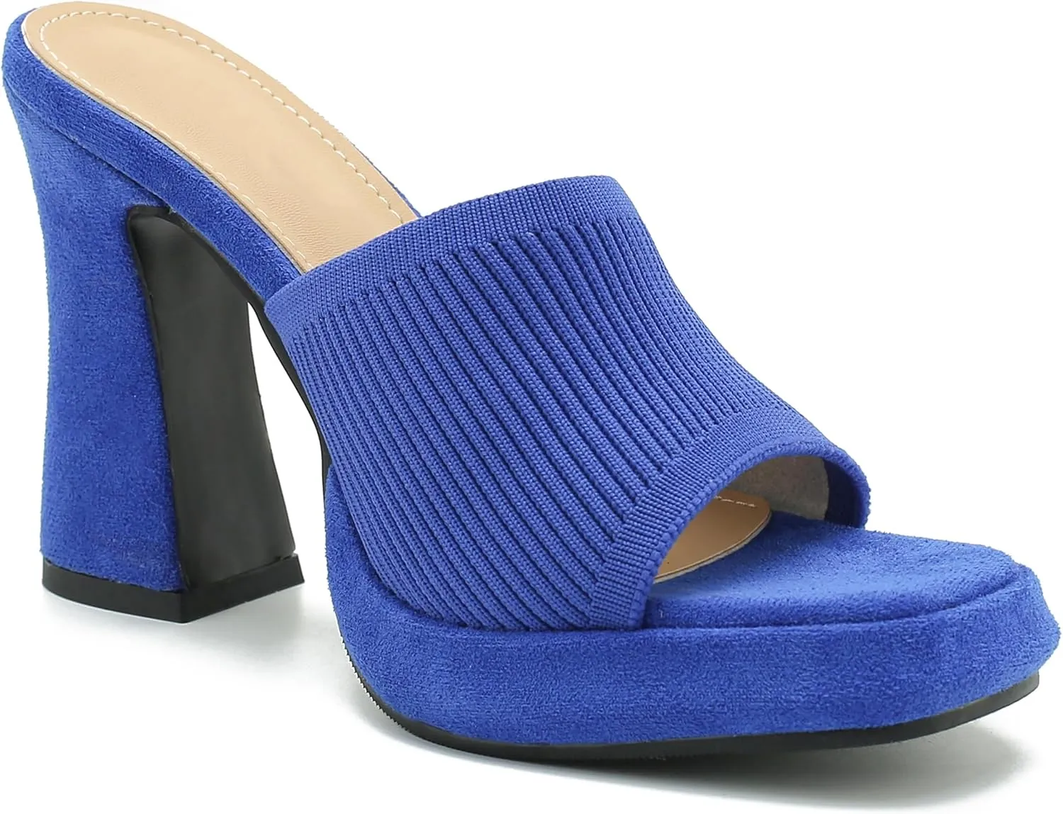 Women's Knit Platform Heels Square Toe High Chunky Heeled Mule Dress Party Sandals