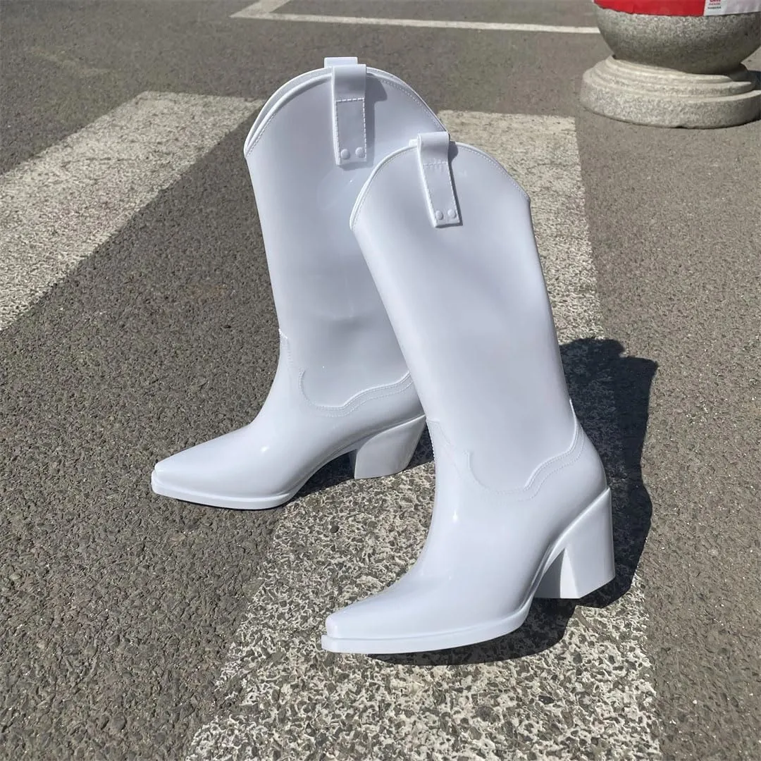Women's Nonslip Durable Waterproof Beautiful British Long Tube White Wedding Cowboy Boots