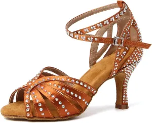 Women's Rhinestone Ballroom Dance Shoes Open Toe Latin Salsa Bachata Performance Dancing Shoes 3 Inch Heel