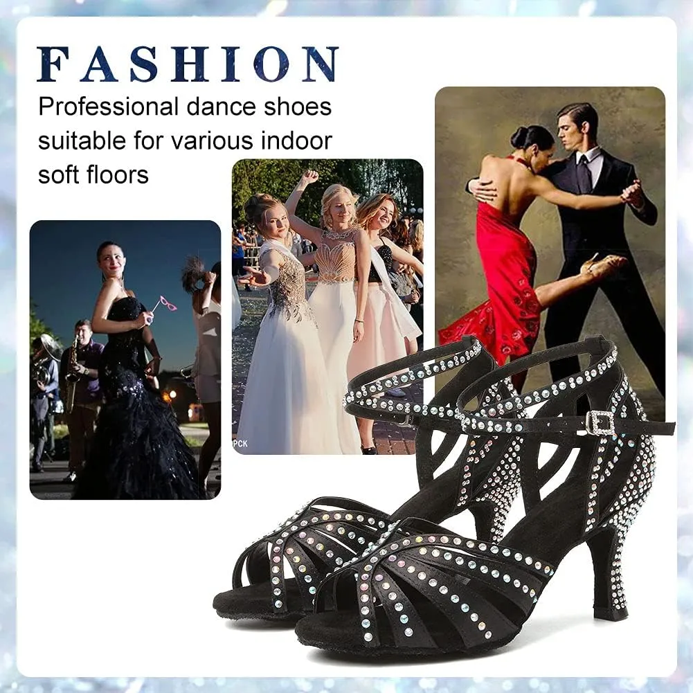 Women's Rhinestone Ballroom Dance Shoes Open Toe Latin Salsa Bachata Performance Dancing Shoes 3 Inch Heel