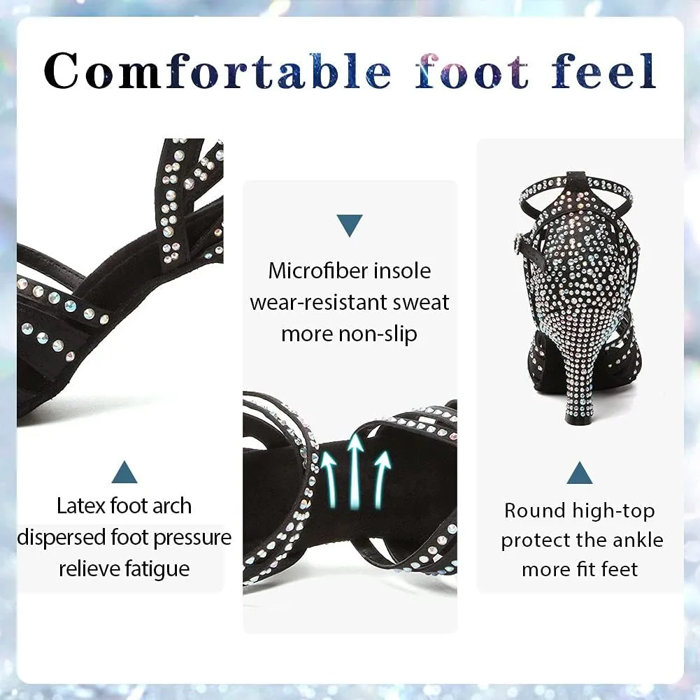 Women's Rhinestone Ballroom Dance Shoes Open Toe Latin Salsa Bachata Performance Dancing Shoes 3 Inch Heel