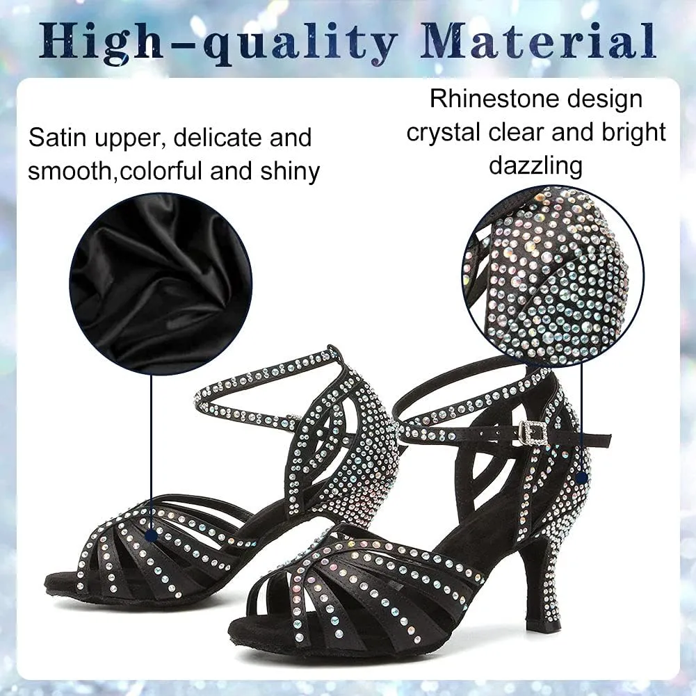 Women's Rhinestone Ballroom Dance Shoes Open Toe Latin Salsa Bachata Performance Dancing Shoes 3 Inch Heel