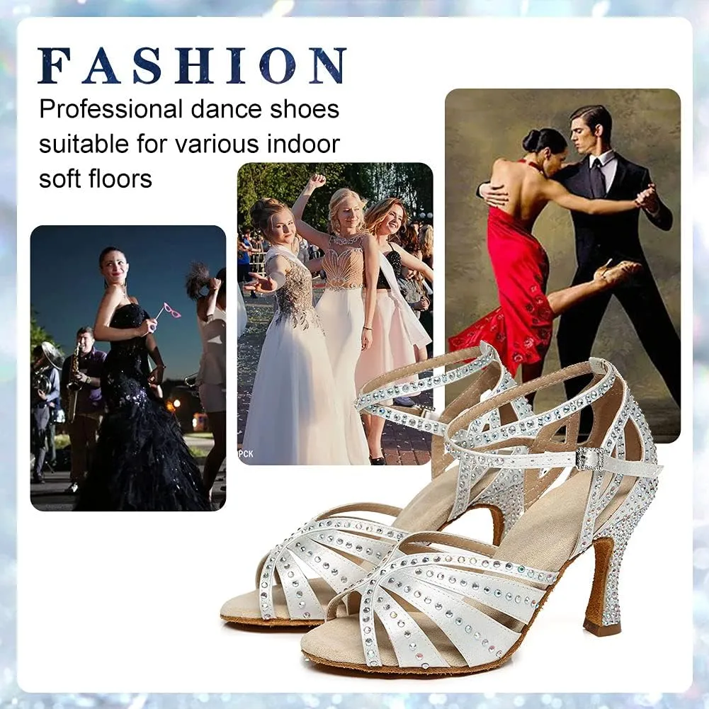 Women's Rhinestone Ballroom Dance Shoes Open Toe Latin Salsa Bachata Performance Dancing Shoes 3 Inch Heel