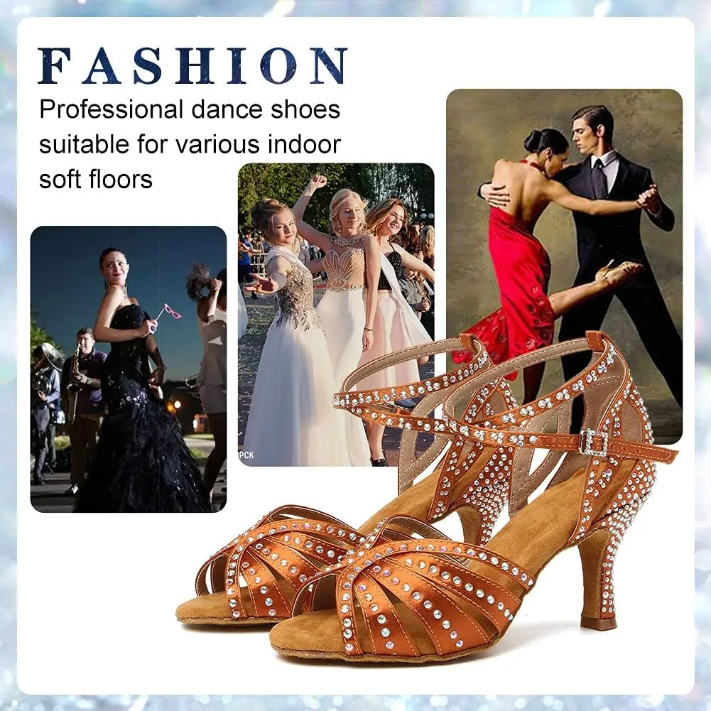 Women's Rhinestone Ballroom Dance Shoes Open Toe Latin Salsa Bachata Performance Dancing Shoes 3 Inch Heel