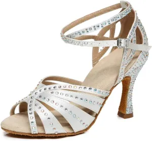 Women's Rhinestone Ballroom Dance Shoes Open Toe Latin Salsa Bachata Performance Dancing Shoes 3 Inch Heel