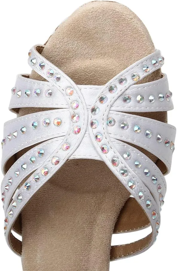 Women's Rhinestone Ballroom Dance Shoes Open Toe Latin Salsa Bachata Performance Dancing Shoes 3 Inch Heel