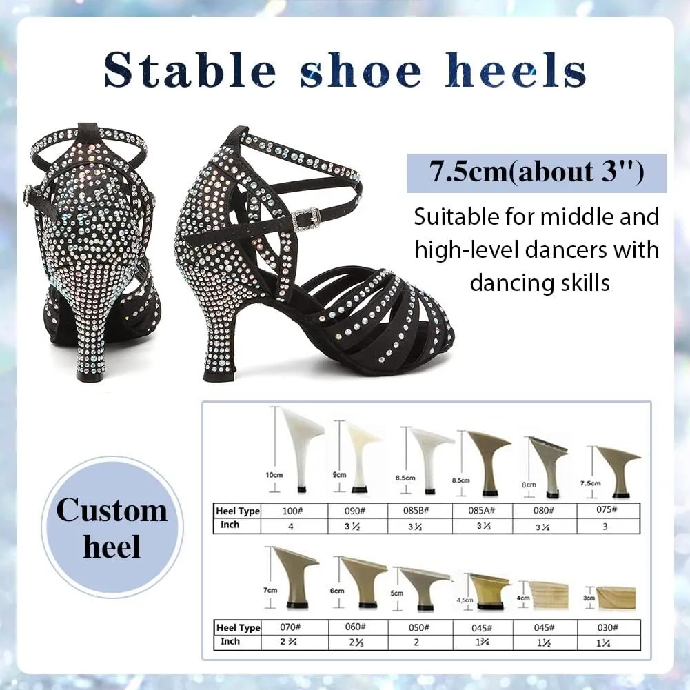 Women's Rhinestone Ballroom Dance Shoes Open Toe Latin Salsa Bachata Performance Dancing Shoes 3 Inch Heel