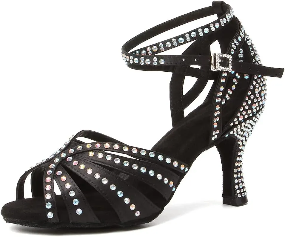 Women's Rhinestone Ballroom Dance Shoes Open Toe Latin Salsa Bachata Performance Dancing Shoes 3 Inch Heel