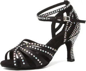 Women's Rhinestone Ballroom Dance Shoes Open Toe Latin Salsa Bachata Performance Dancing Shoes 3 Inch Heel