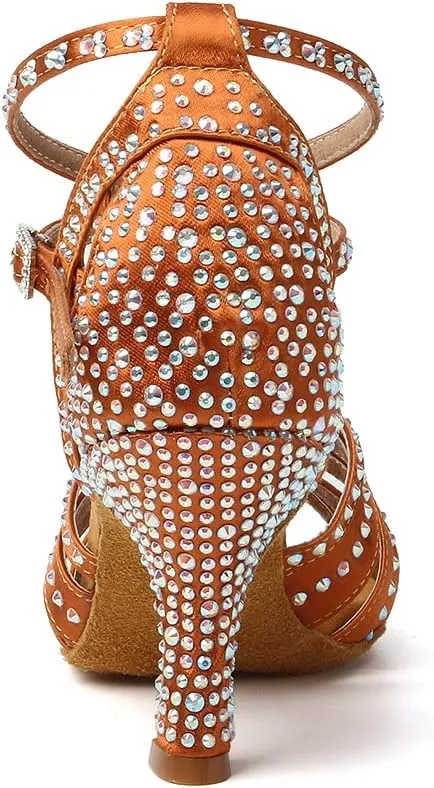 Women's Rhinestone Ballroom Dance Shoes Open Toe Latin Salsa Bachata Performance Dancing Shoes 3 Inch Heel