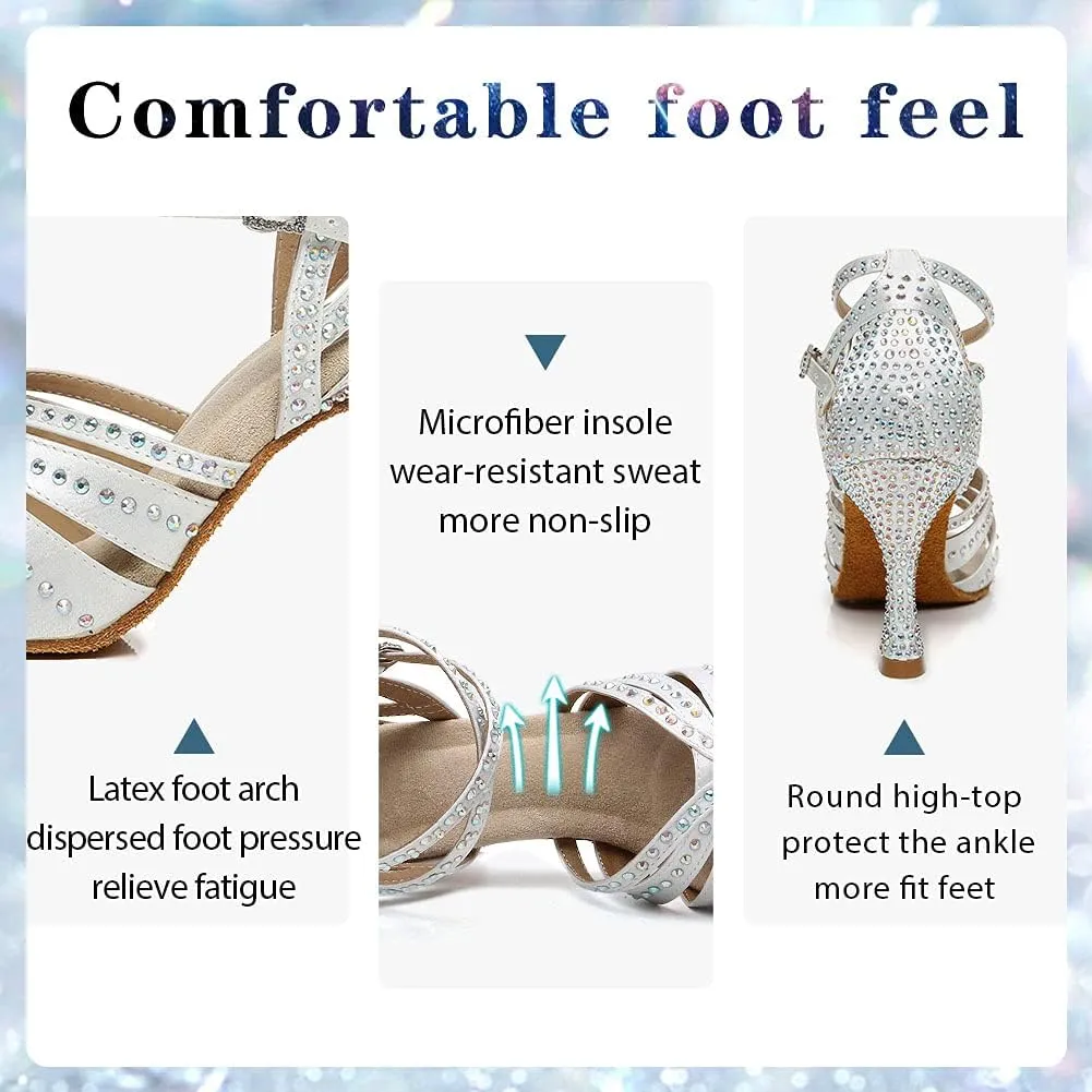 Women's Rhinestone Ballroom Dance Shoes Open Toe Latin Salsa Bachata Performance Dancing Shoes 3 Inch Heel