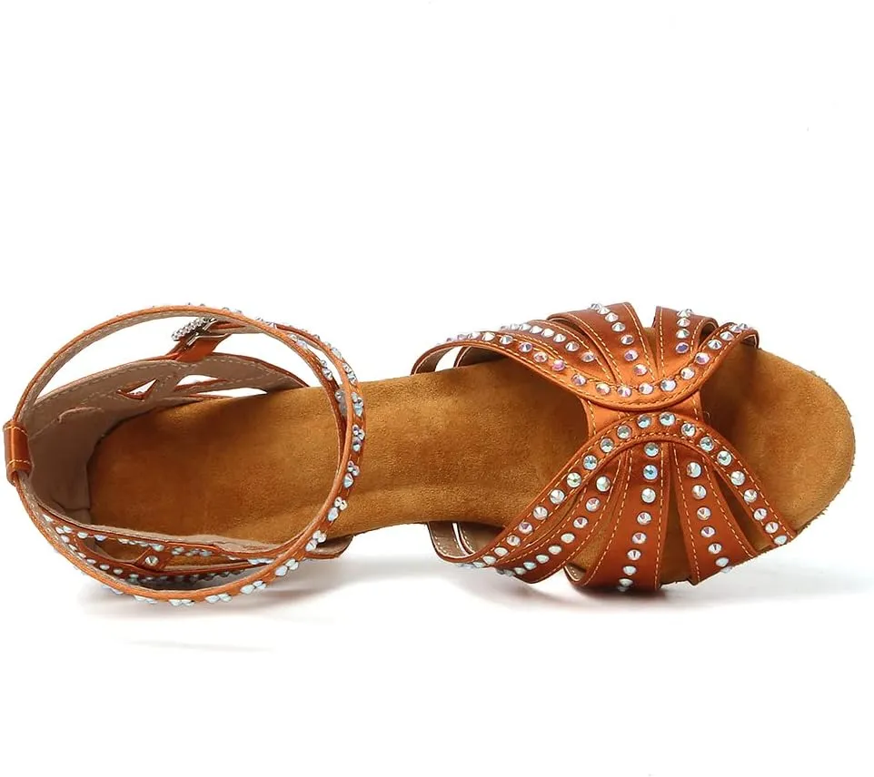 Women's Rhinestone Ballroom Dance Shoes Open Toe Latin Salsa Bachata Performance Dancing Shoes 3 Inch Heel