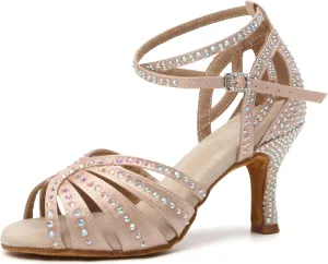 Women's Rhinestone Ballroom Dance Shoes Open Toe Latin Salsa Bachata Performance Dancing Shoes 3 Inch Heel