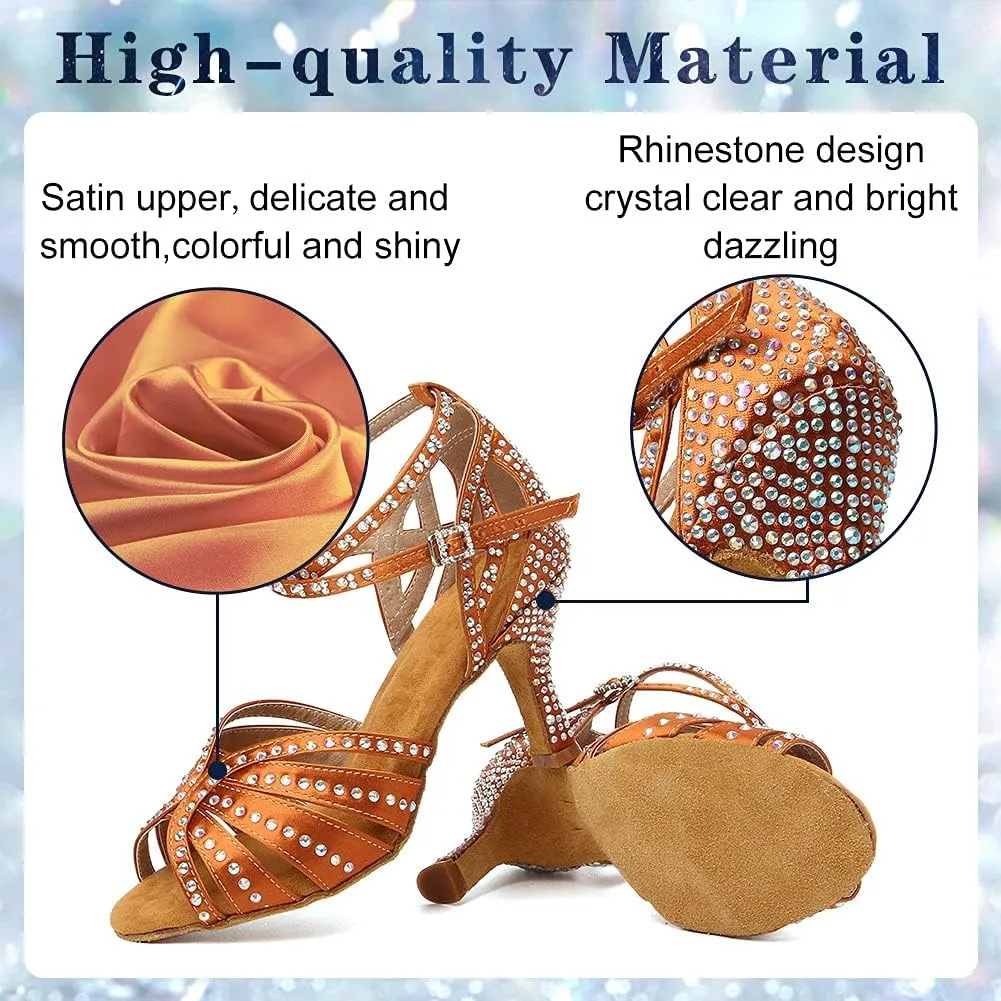 Women's Rhinestone Ballroom Dance Shoes Open Toe Latin Salsa Bachata Performance Dancing Shoes 3 Inch Heel
