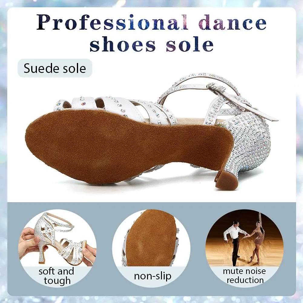 Women's Rhinestone Ballroom Dance Shoes Open Toe Latin Salsa Bachata Performance Dancing Shoes 3 Inch Heel