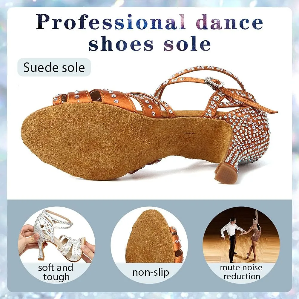 Women's Rhinestone Ballroom Dance Shoes Open Toe Latin Salsa Bachata Performance Dancing Shoes 3 Inch Heel