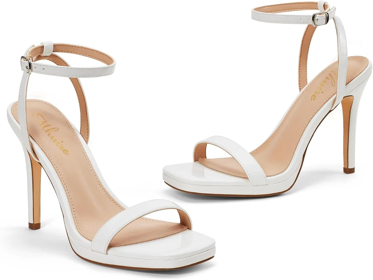 Womens Stiletto Strappy Heeled Sandals, 4.3 Inch Square Open Toe Sexy High Heels Ankle Strap Buckle Heels for Party Wedding Dress Daily Wear Shoes