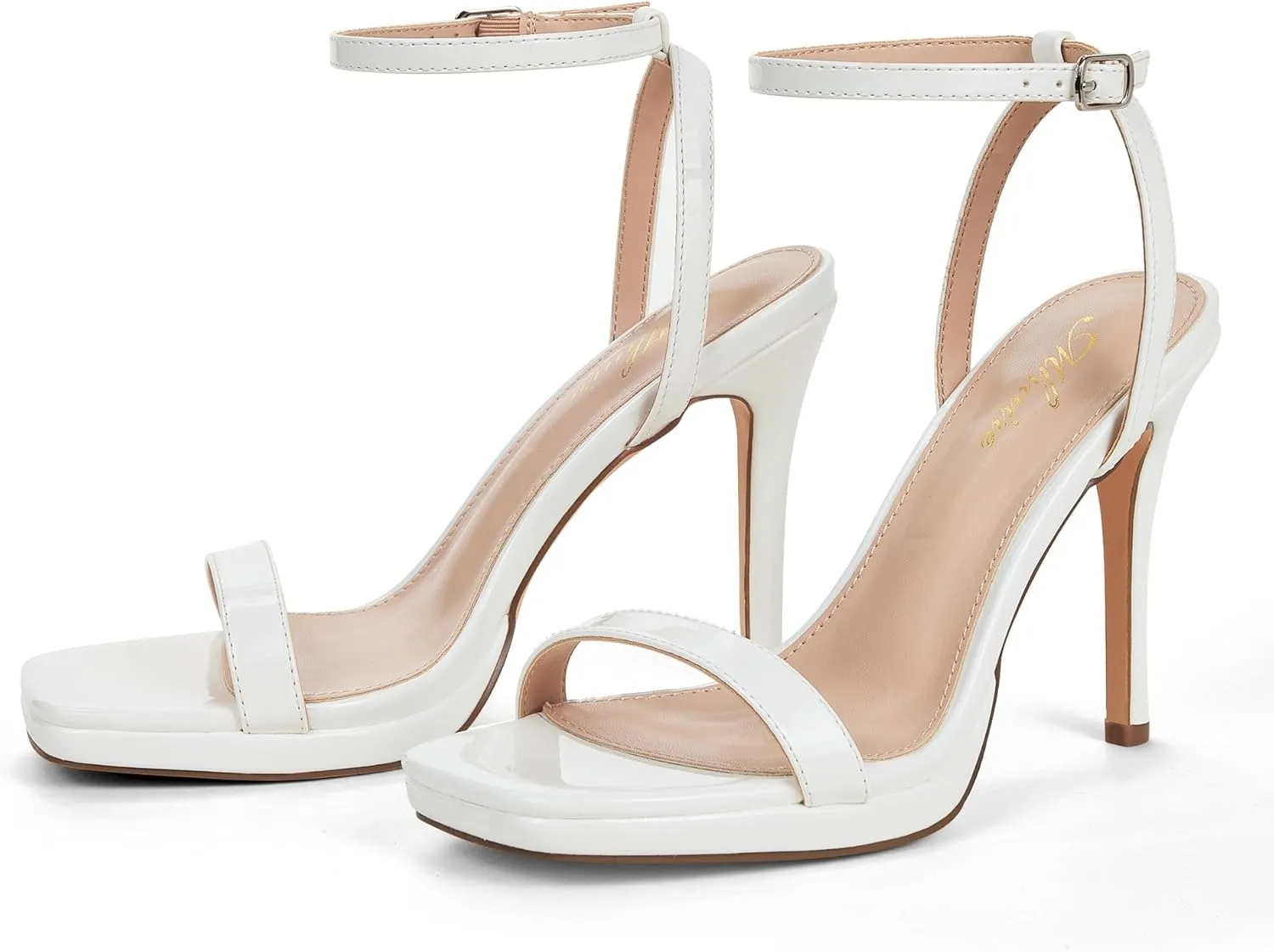 Womens Stiletto Strappy Heeled Sandals, 4.3 Inch Square Open Toe Sexy High Heels Ankle Strap Buckle Heels for Party Wedding Dress Daily Wear Shoes