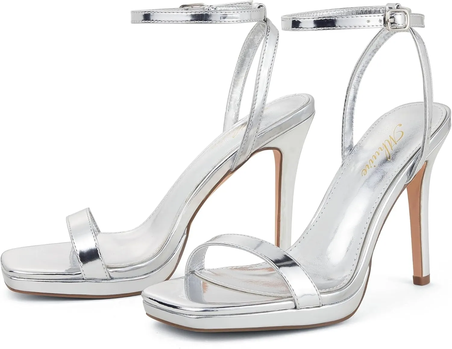 Womens Stiletto Strappy Heeled Sandals, 4.3 Inch Square Open Toe Sexy High Heels Ankle Strap Buckle Heels for Party Wedding Dress Daily Wear Shoes