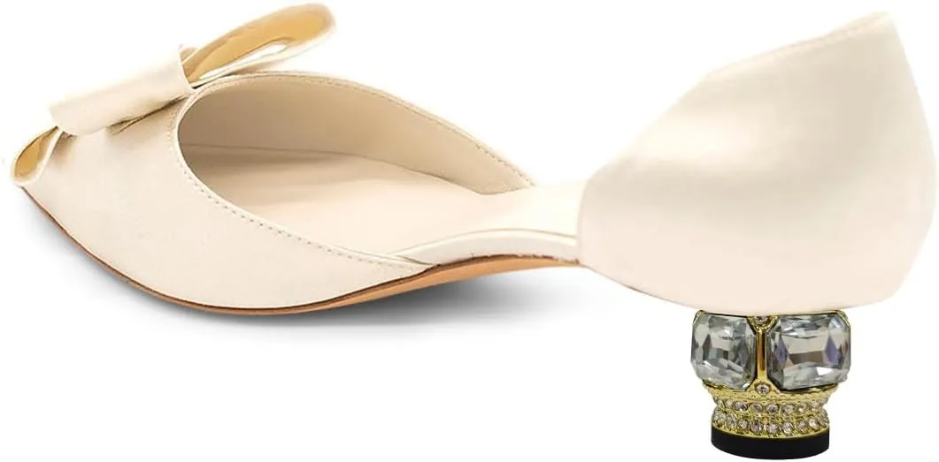 XYD Women D'Orsay Crystal Chunky Heel Bridal Bowknot Pumps Elegant Pointed Toe Wedding Prom Shoes