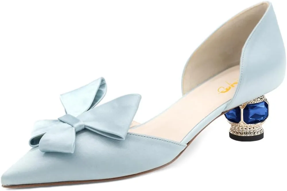 XYD Women D'Orsay Crystal Chunky Heel Bridal Bowknot Pumps Elegant Pointed Toe Wedding Prom Shoes