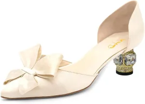 XYD Women D'Orsay Crystal Chunky Heel Bridal Bowknot Pumps Elegant Pointed Toe Wedding Prom Shoes